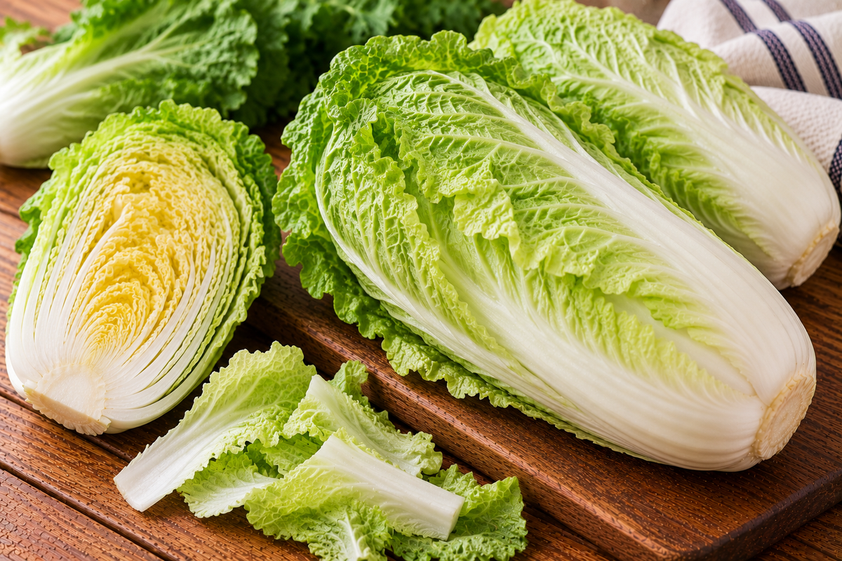 Chinese cabbage with pale ribs and layered green leaves