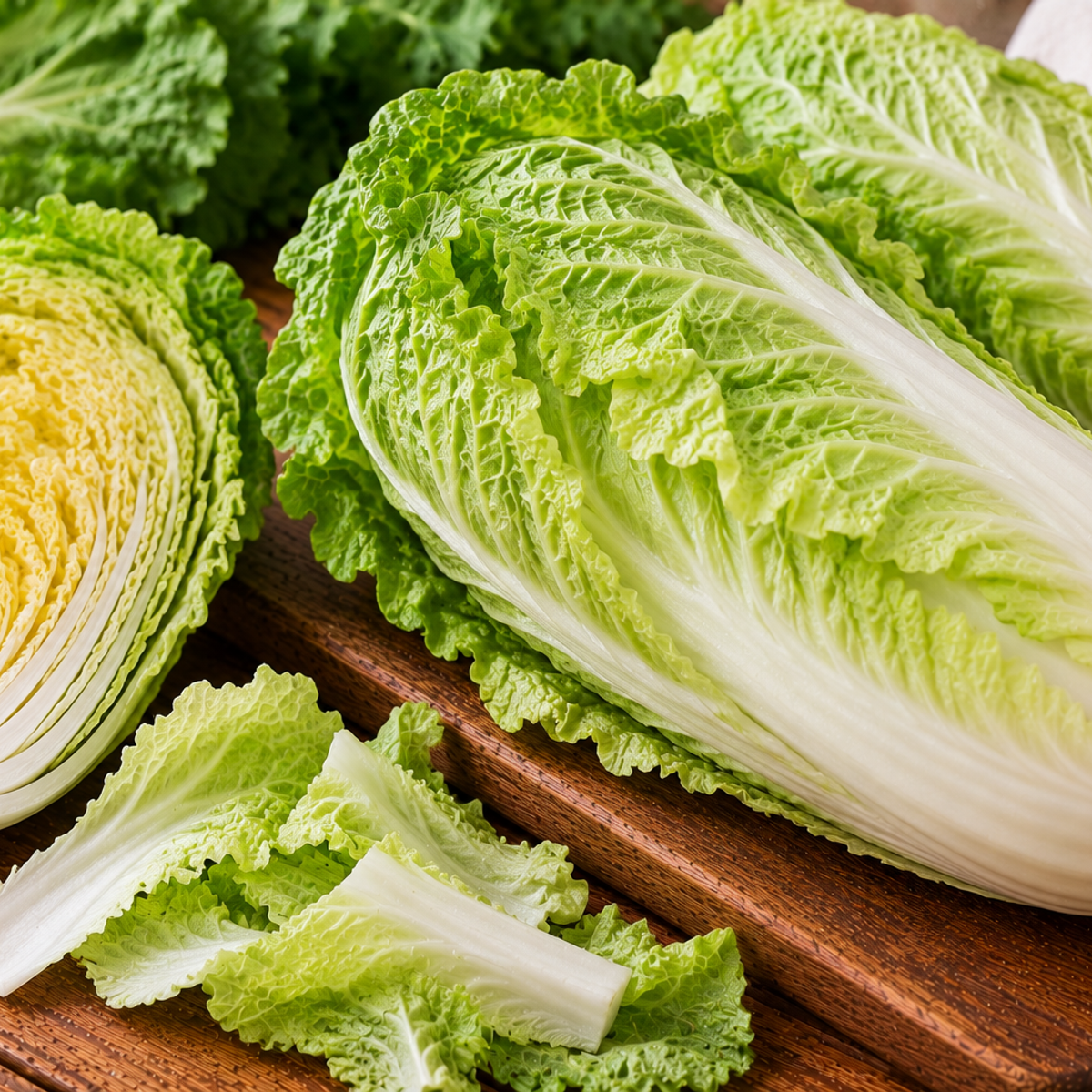Chinese cabbage with pale ribs and layered green leaves