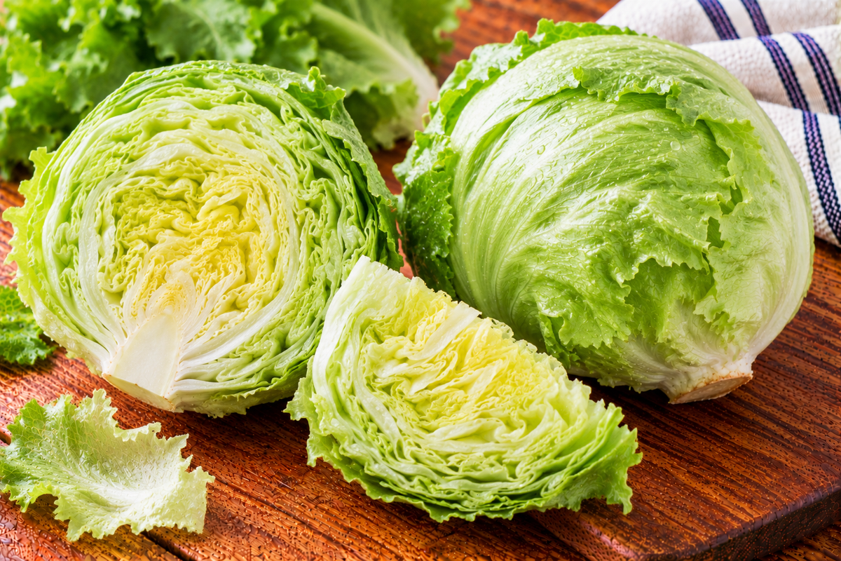 Iceberg lettuce with tightly layered, pale green leaves