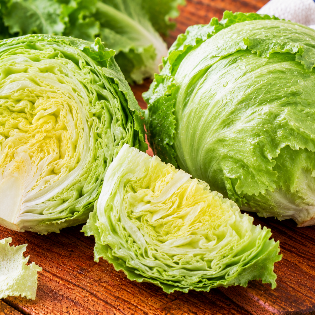 Iceberg lettuce with tightly layered, pale green leaves