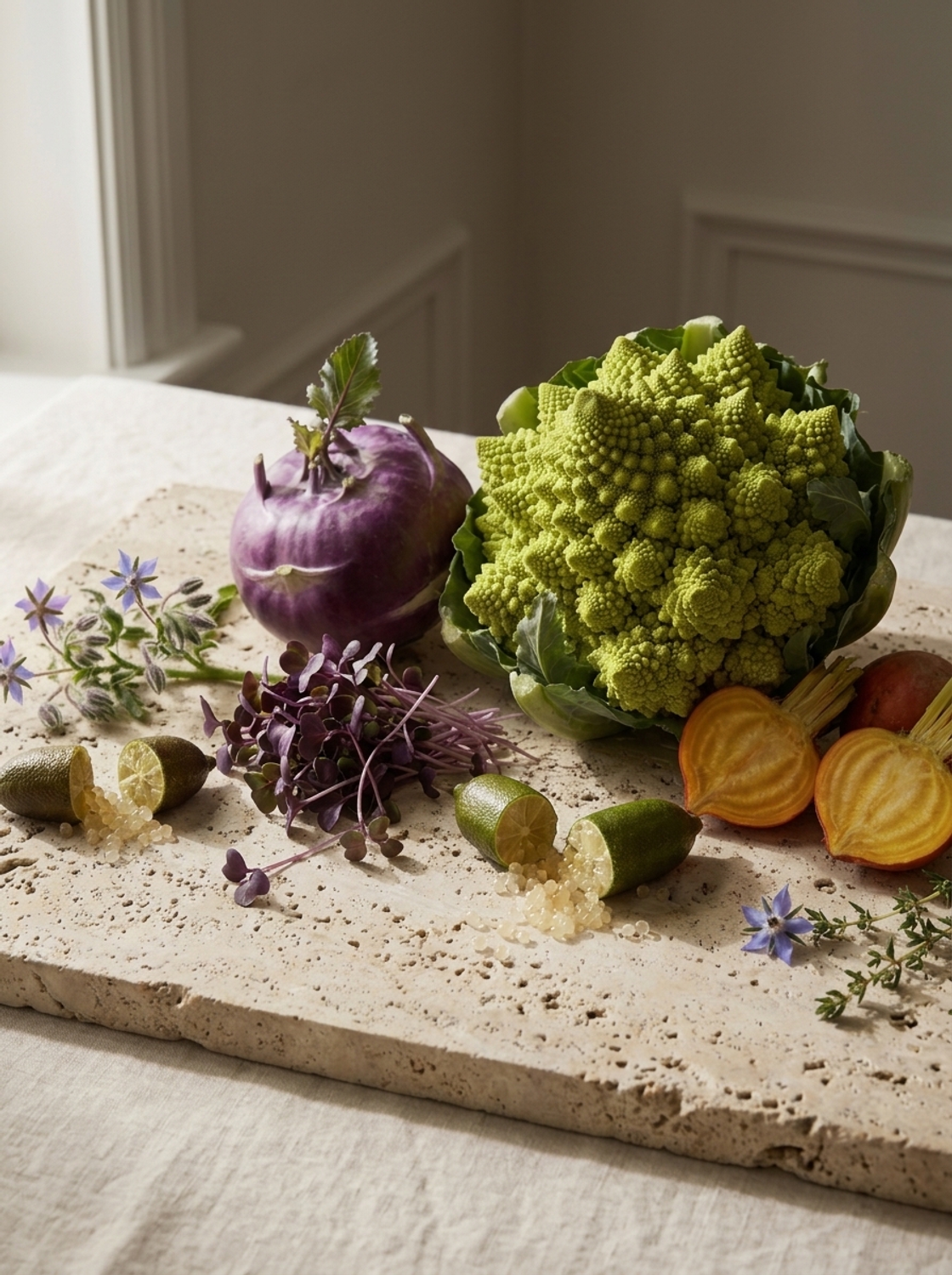 A curated arrangement of Romanesco cauliflower, purple kohlrabi, golden beetroot, microgreens and fresh edible herbs on a natural stone surface.