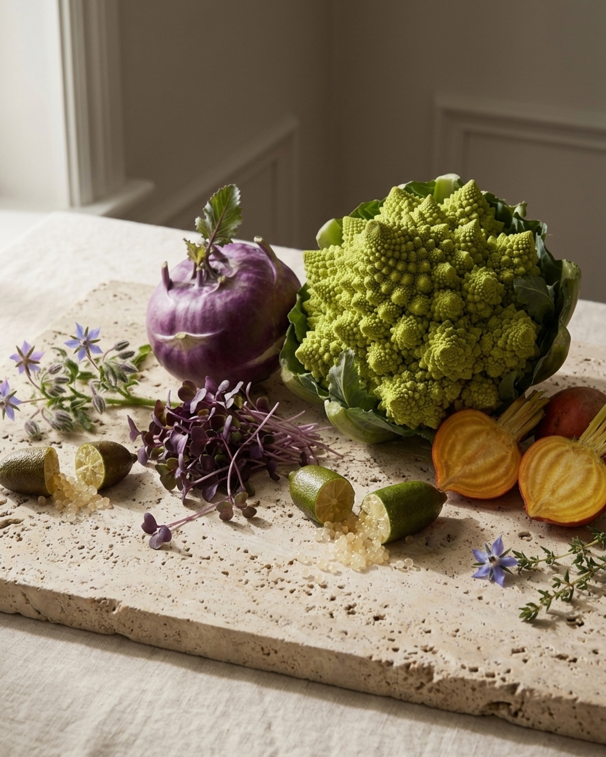 A curated arrangement of Romanesco cauliflower, purple kohlrabi, golden beetroot, microgreens and fresh edible herbs on a natural stone surface.