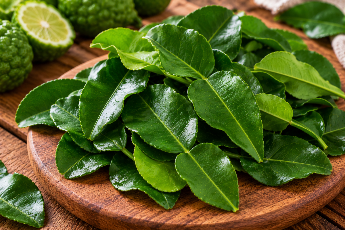Glossy kaffir lime leaves with a characteristic double-lobed shape