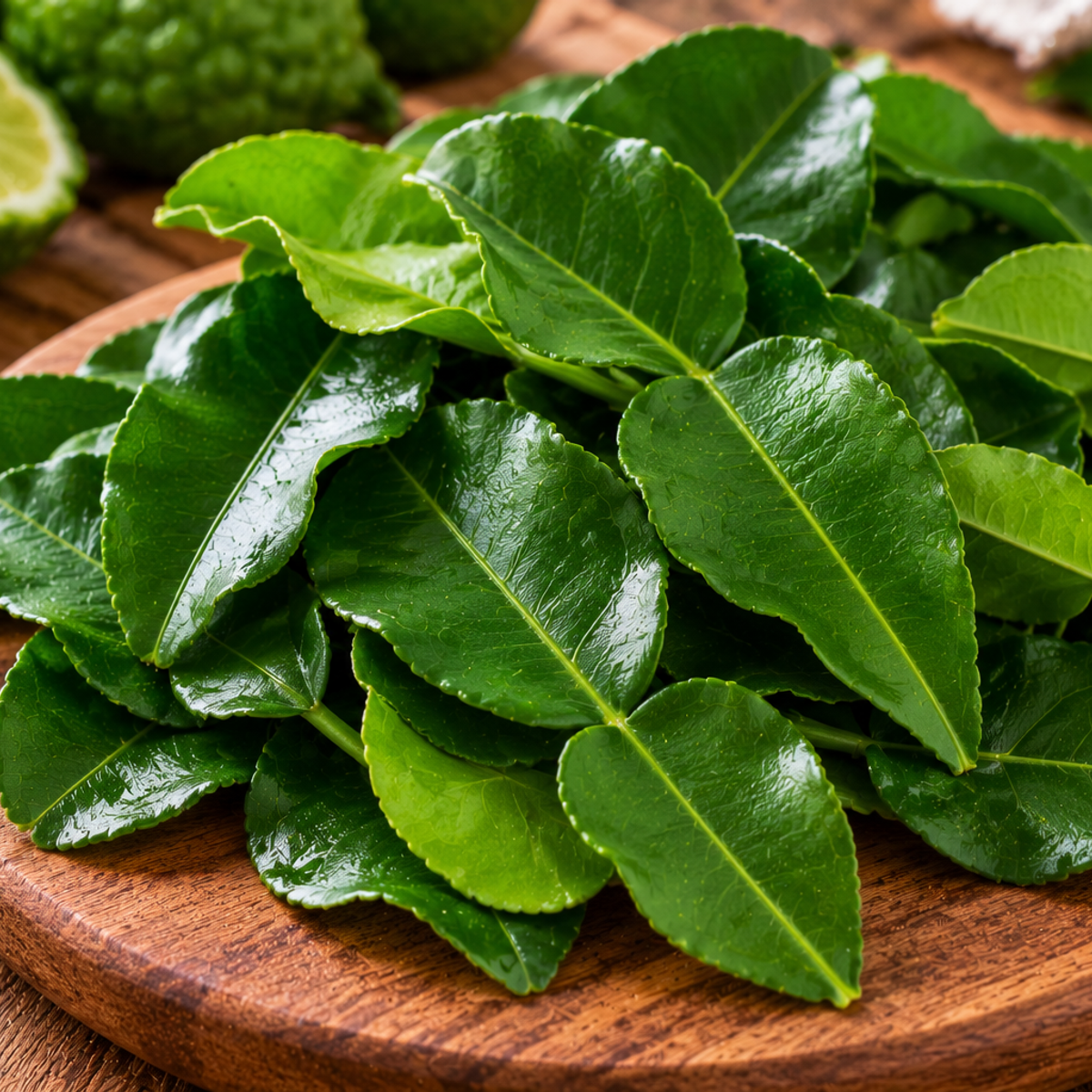 Glossy kaffir lime leaves with a characteristic double-lobed shape