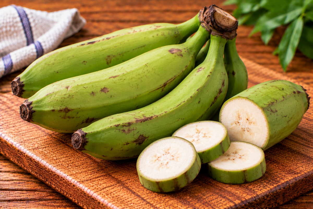 Unripe green bananas with firm, thick skins