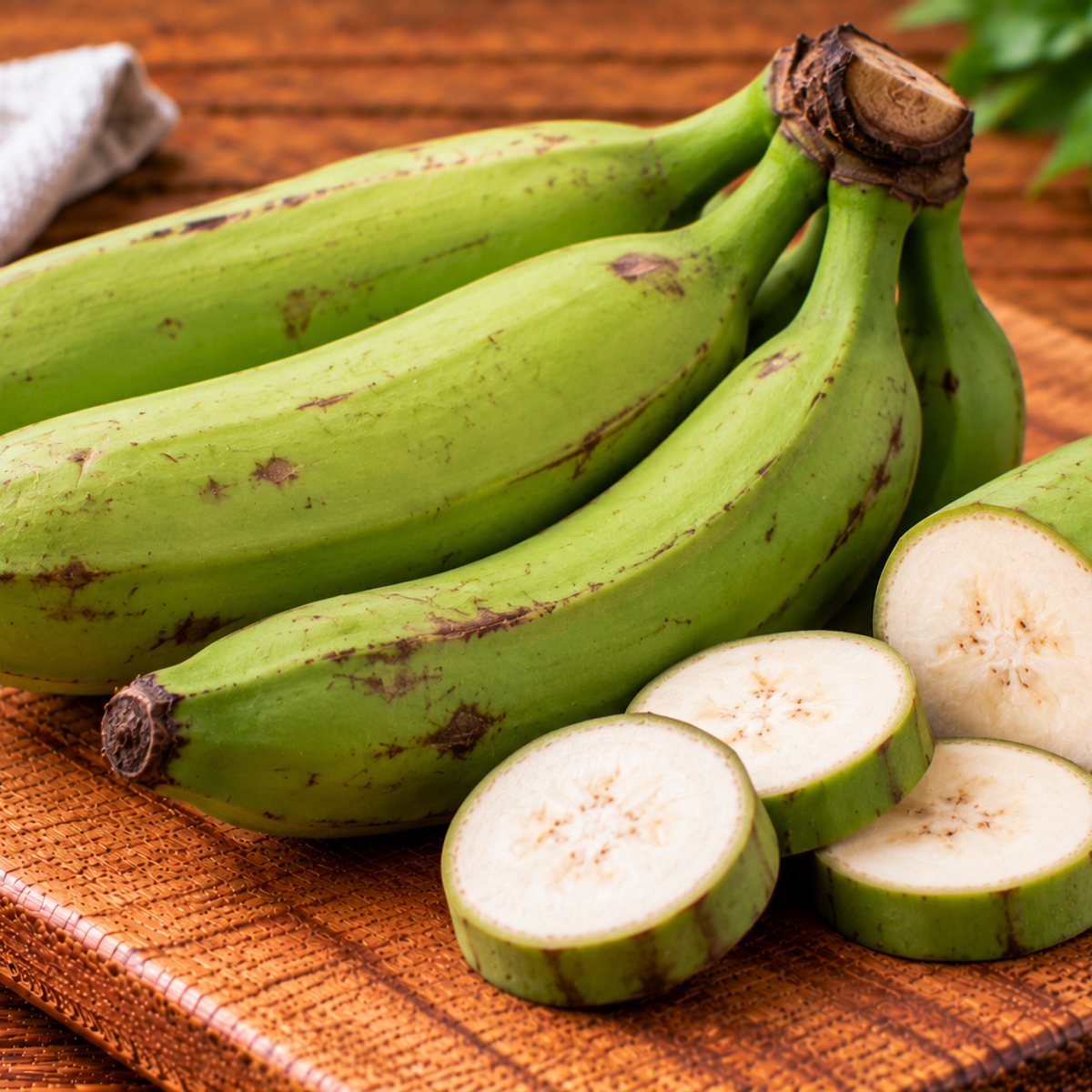 Unripe green bananas with firm, thick skins