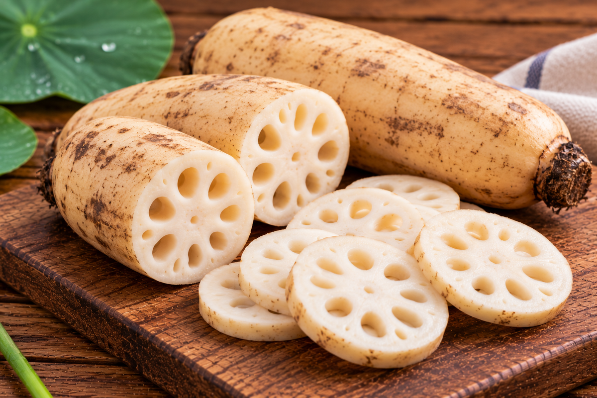 Lotus stem slices showing the natural round holes in the flesh