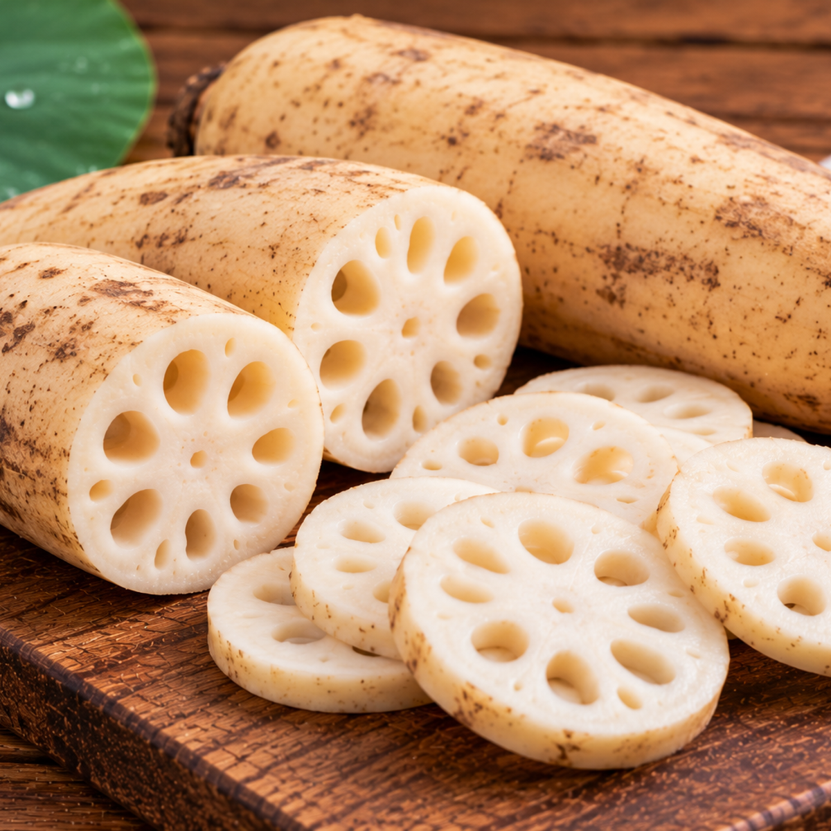 Lotus stem slices showing the natural round holes in the flesh