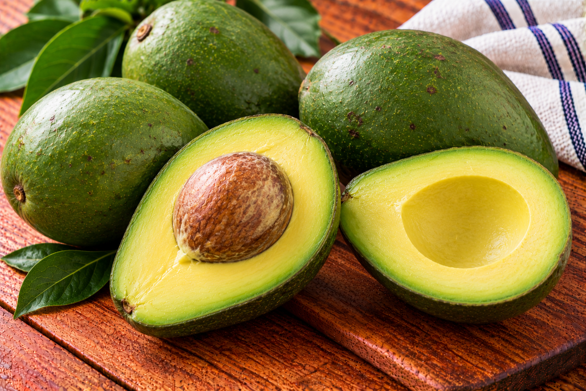 Indian avocado with green skin and creamy pale green flesh