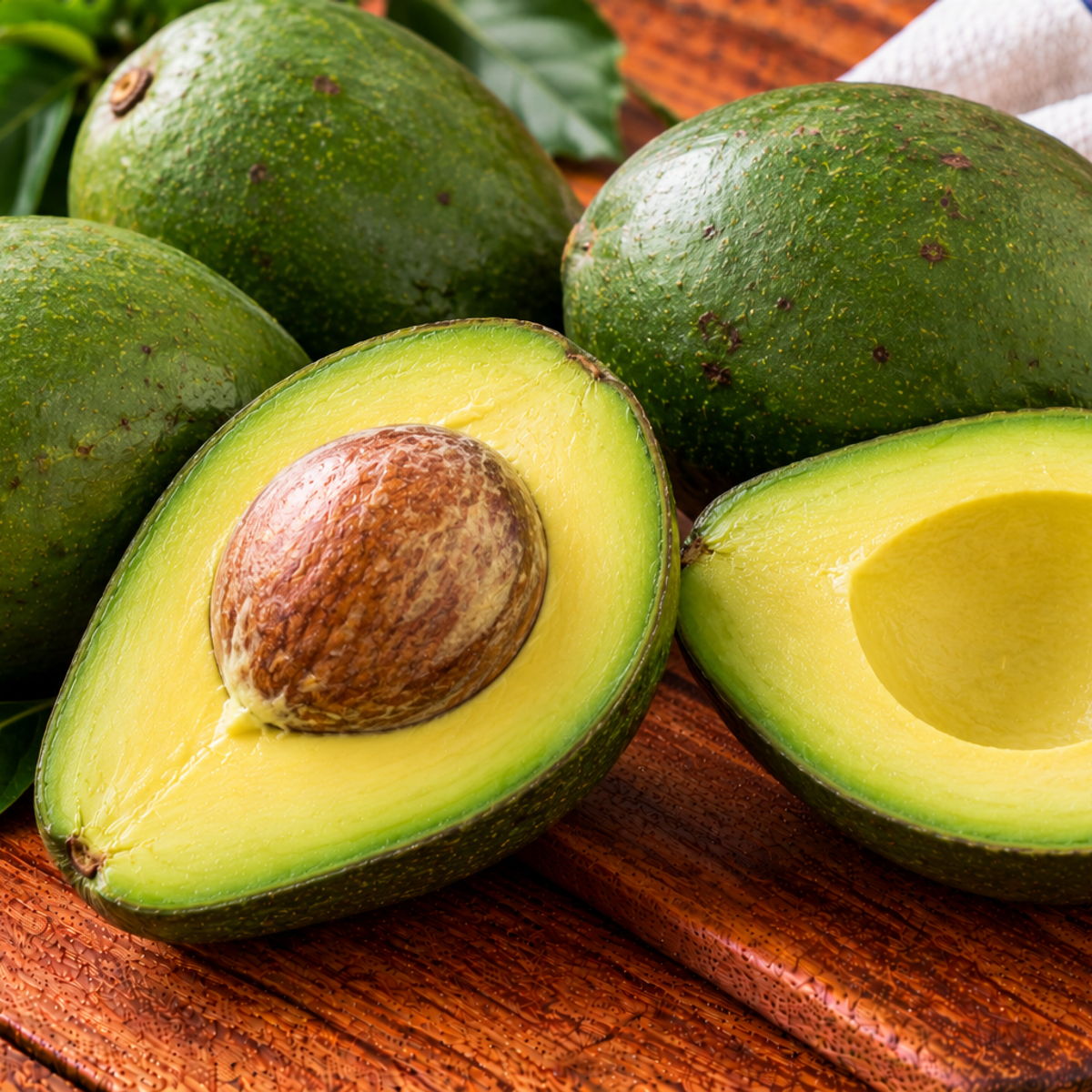 Indian avocado with green skin and creamy pale green flesh
