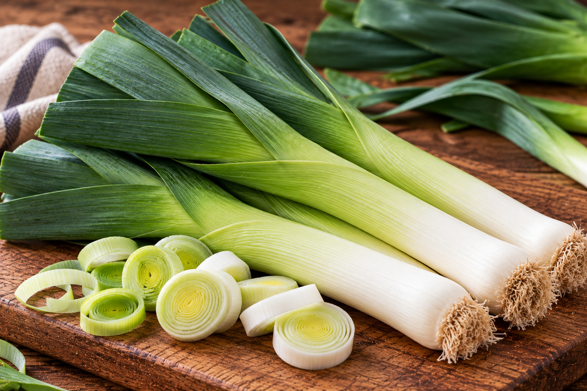 Leeks with white bases and long, flat green leaves