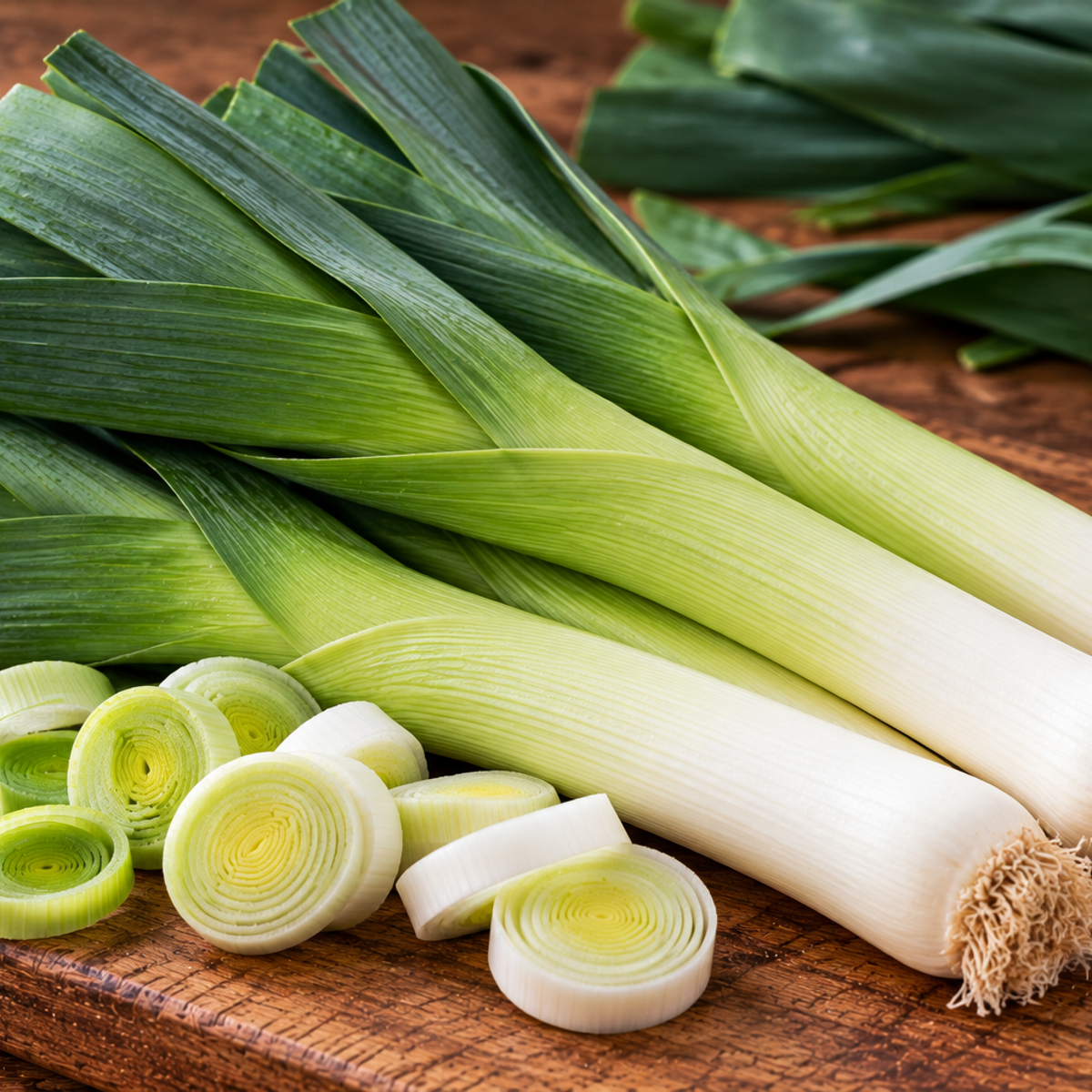 Leeks with white bases and long, flat green leaves