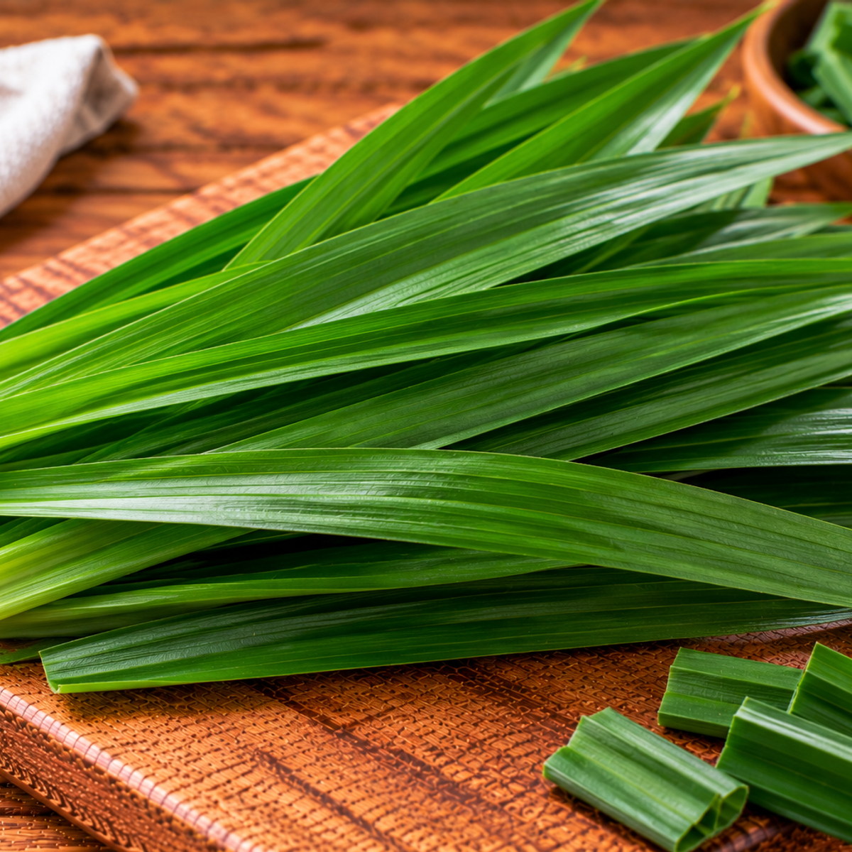 Long, narrow green pandan leaves arranged in a bundle