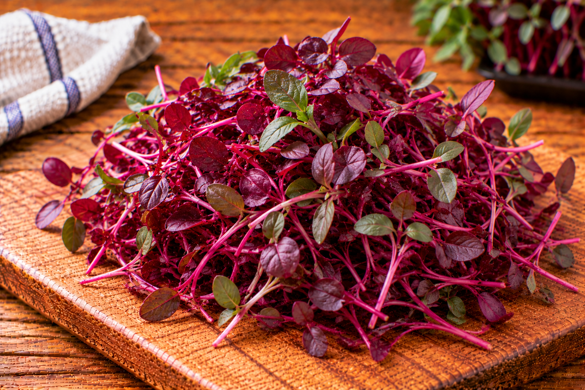 Red amaranth microgreens with fine stems and tender leaves