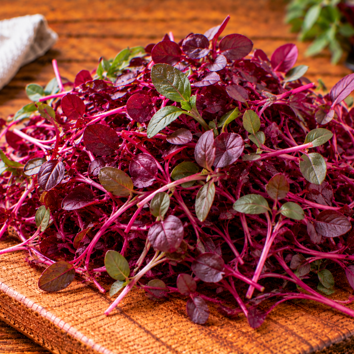 Red amaranth microgreens with fine stems and tender leaves