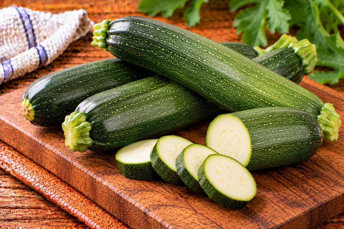 Green zucchini with smooth skin and an elongated shape