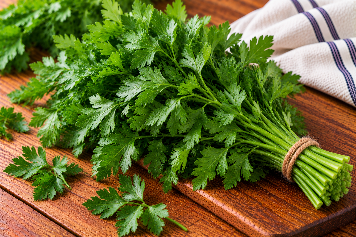 Flat-leaf parsley with broad, serrated green leaves