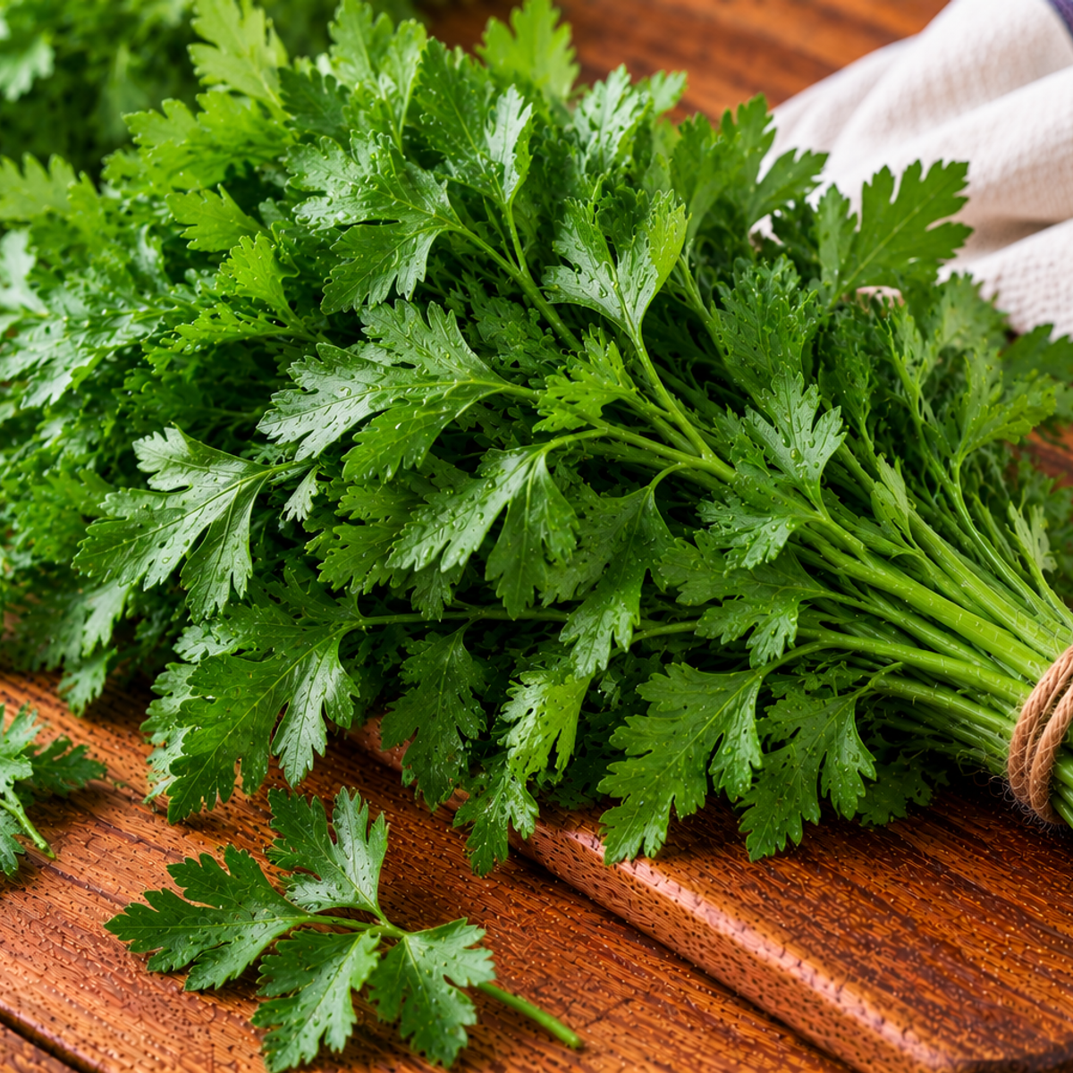 Flat-leaf parsley with broad, serrated green leaves