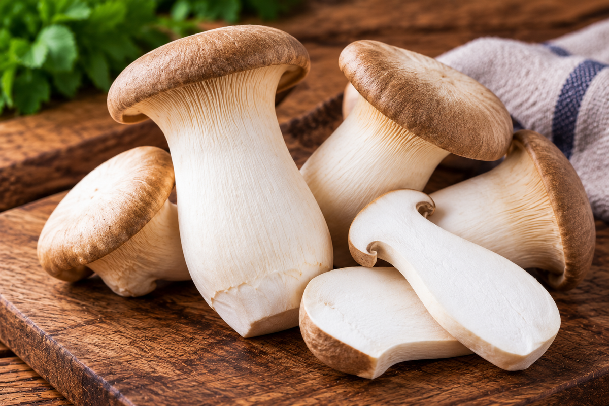 King oyster mushrooms with thick ivory stems and rounded caps