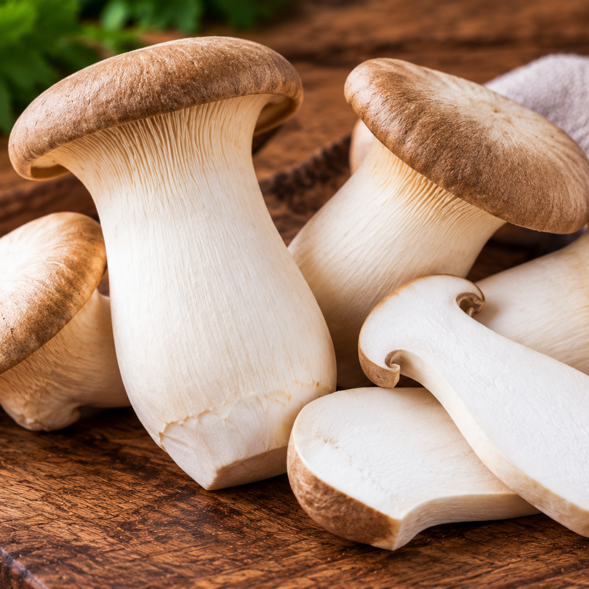 King oyster mushrooms with thick ivory stems and rounded caps