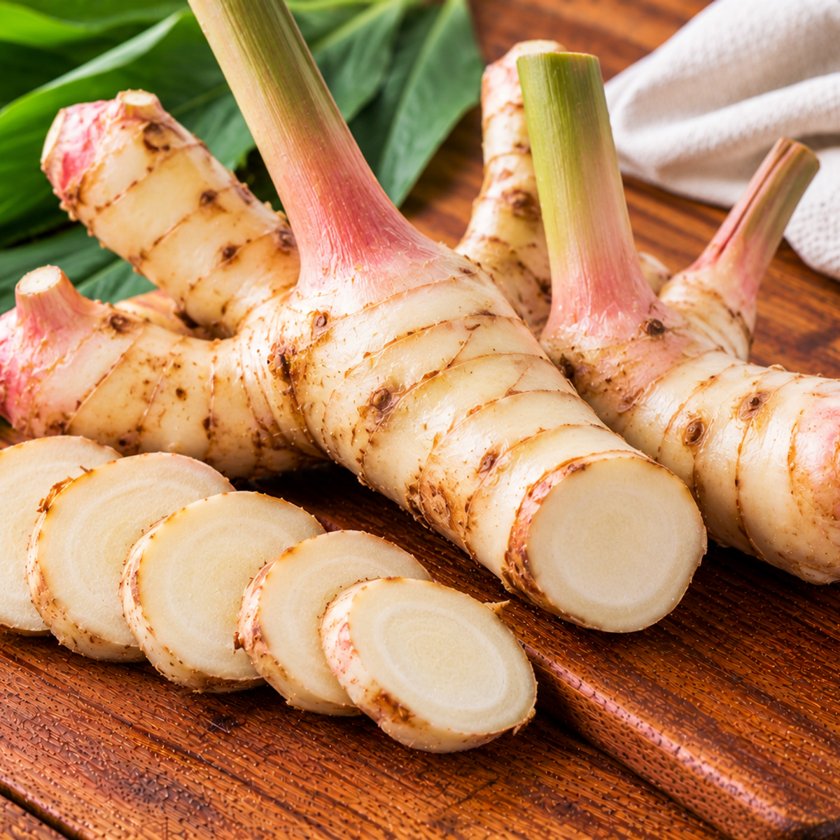 Galangal rhizome with knobbly tan skin and firm pale flesh