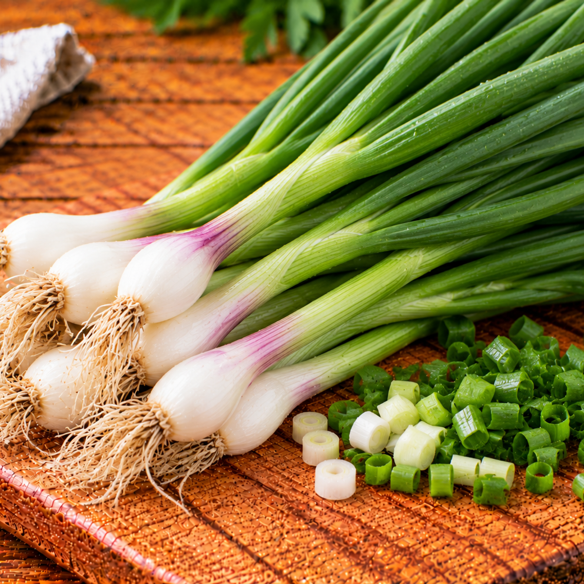 Spring onions with white bases and long green stalks
