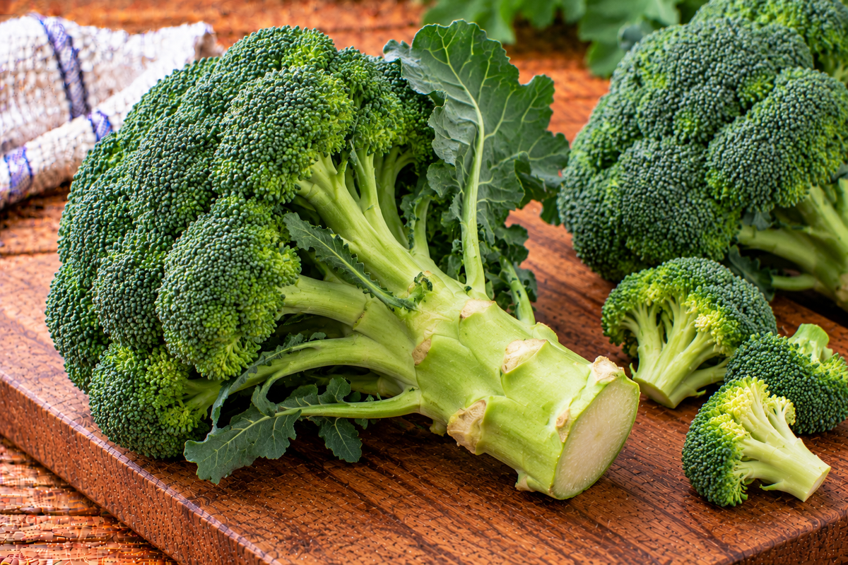Fresh green broccoli florets with thick, pale-green stems arranged in a rustic wooden bowl.