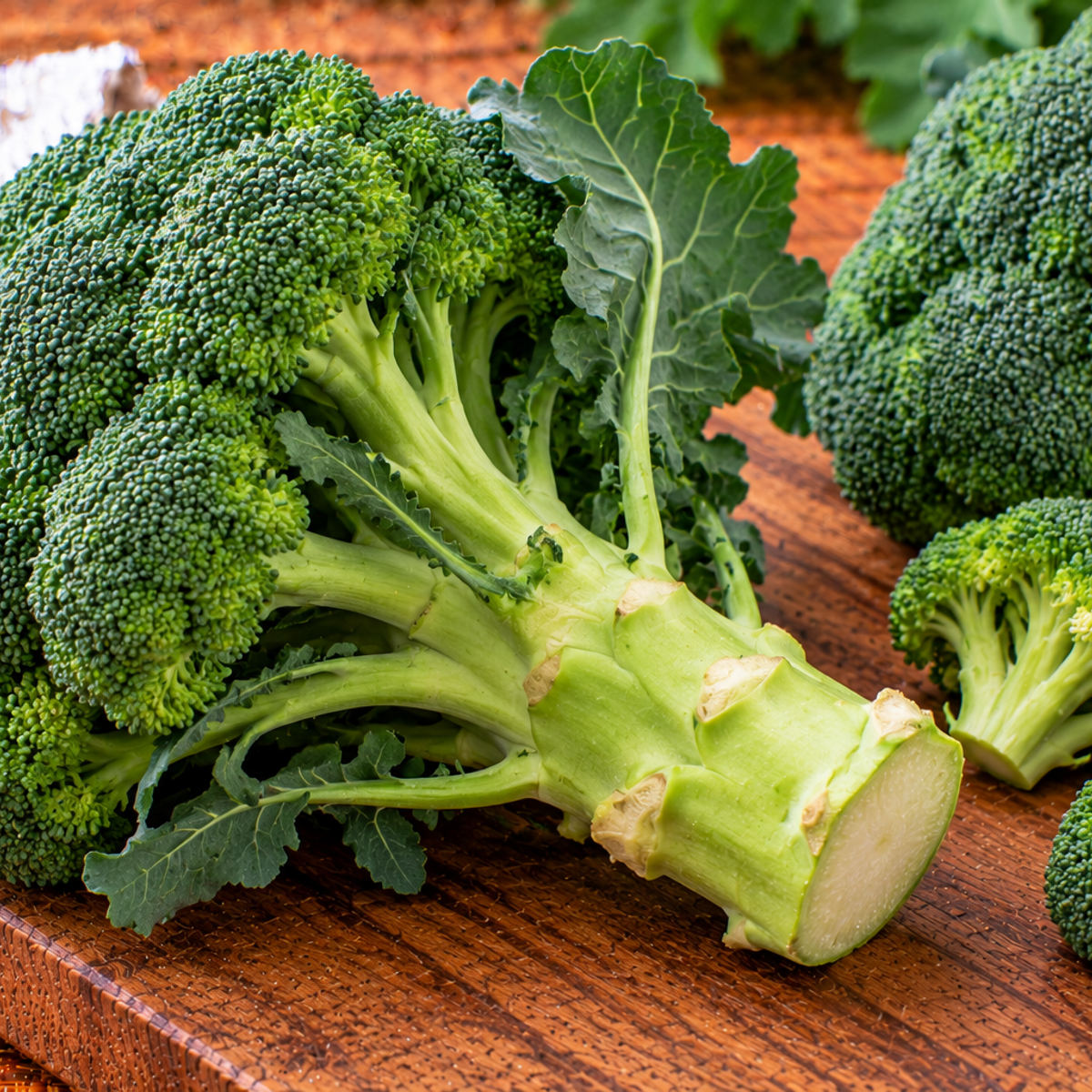Fresh green broccoli florets with thick, pale-green stems arranged in a rustic wooden bowl.