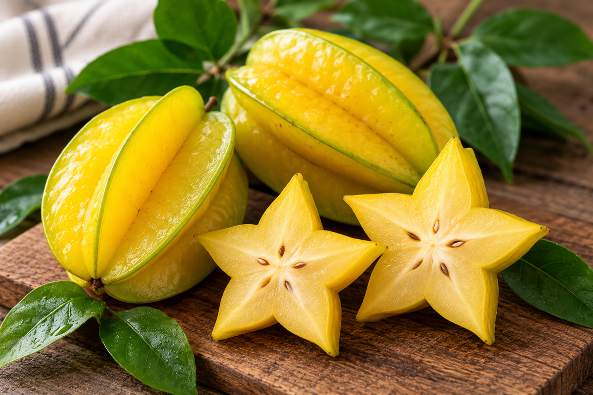 Fresh yellow star fruit, including whole fruits and star-shaped slices, arranged on a wooden board with green leaves.