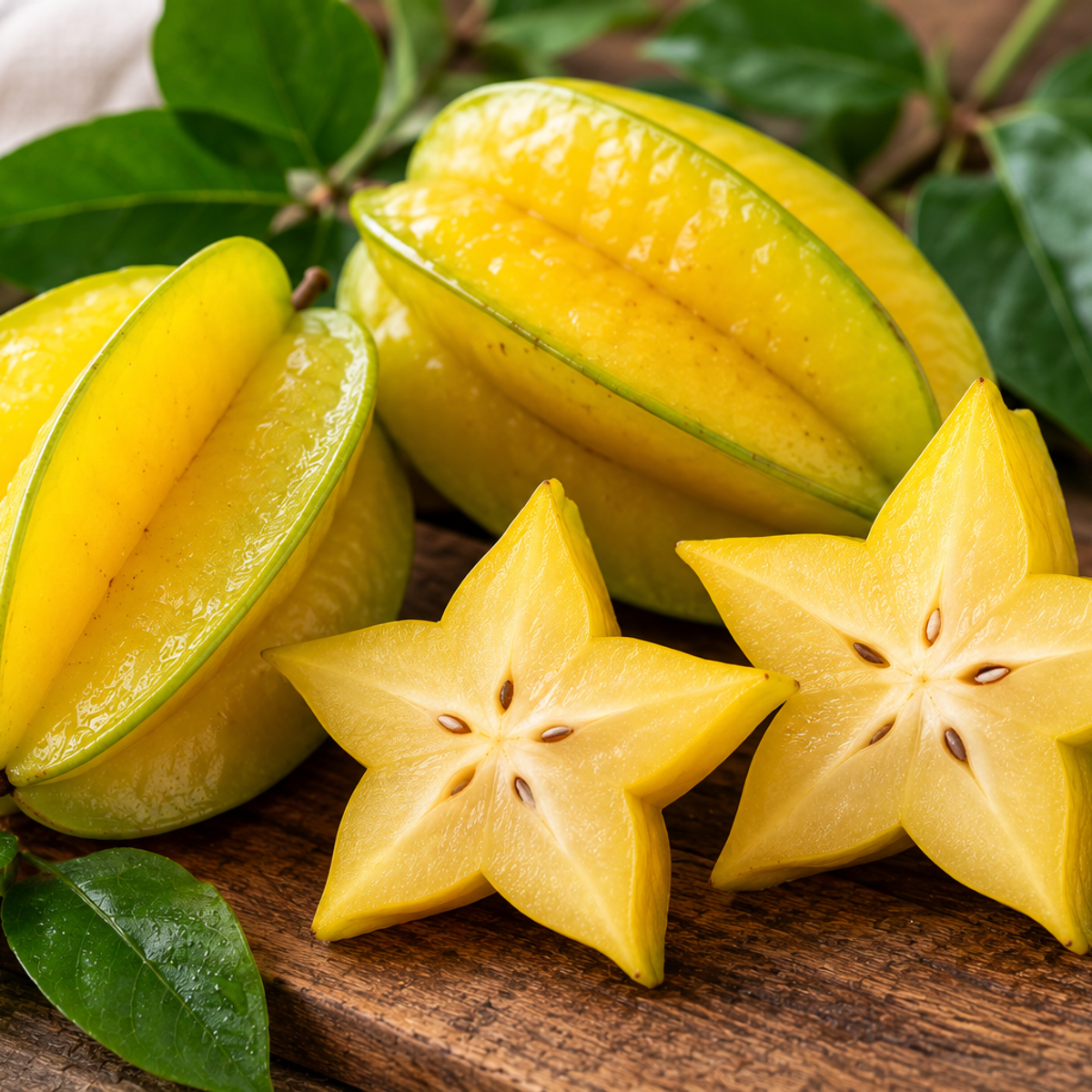 Fresh yellow star fruit, including whole fruits and star-shaped slices, arranged on a wooden board with green leaves.