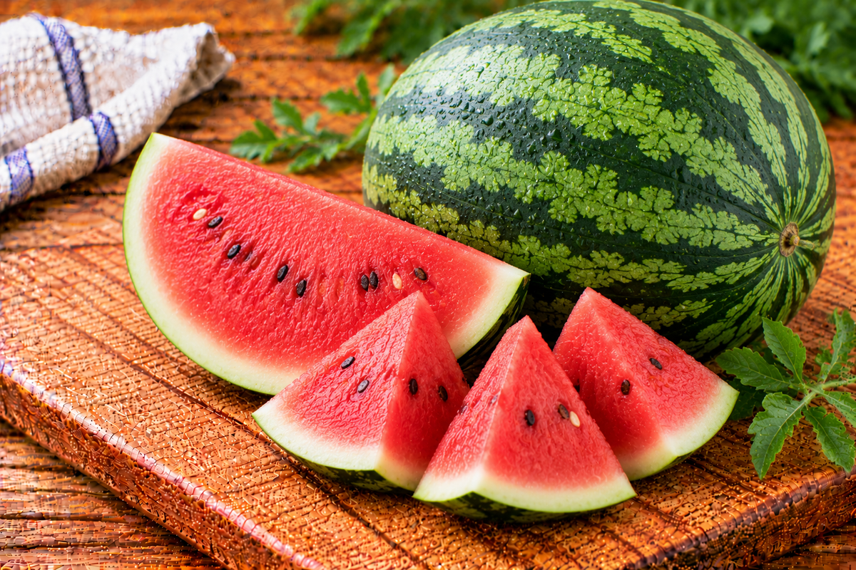 Watermelon with a green striped rind and juicy red flesh