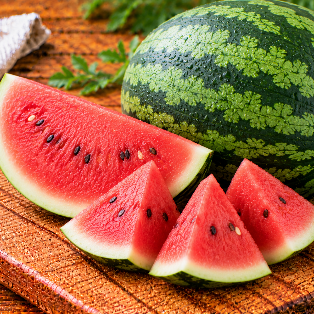 Watermelon with a green striped rind and juicy red flesh
