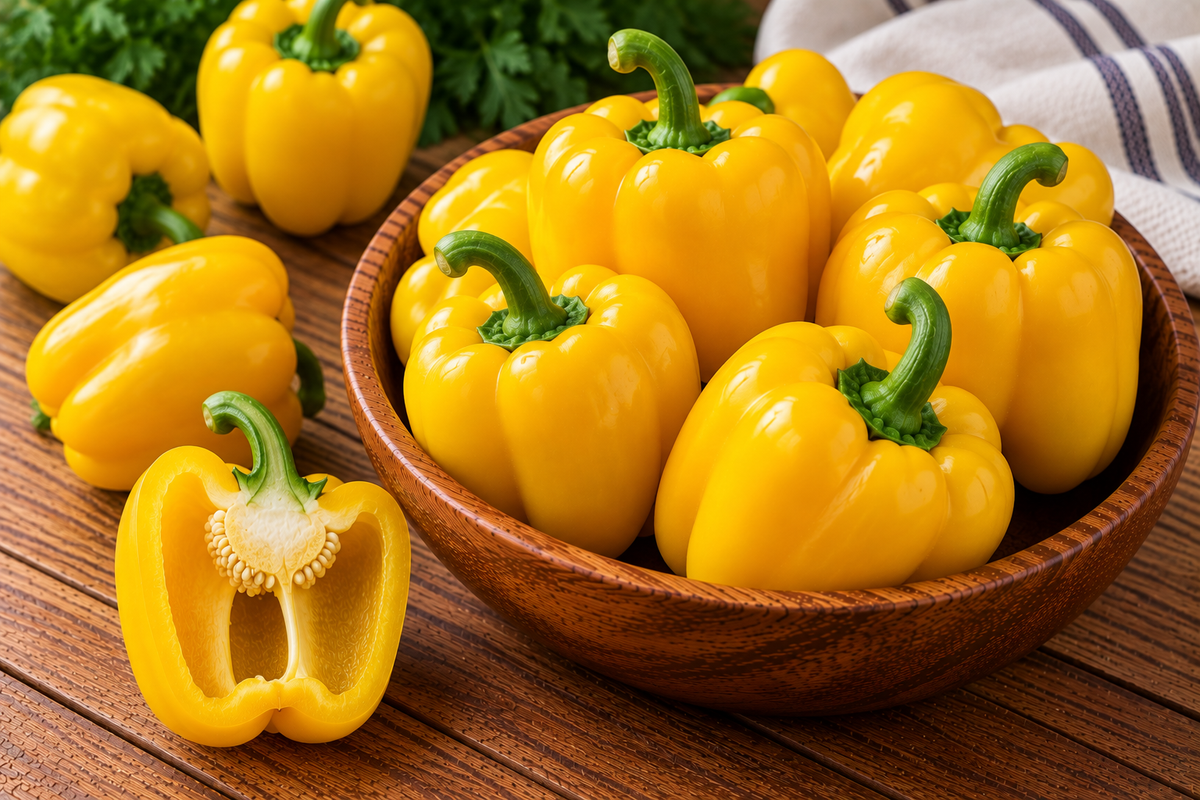 Yellow sweet capsicum pepper with smooth, glossy skin