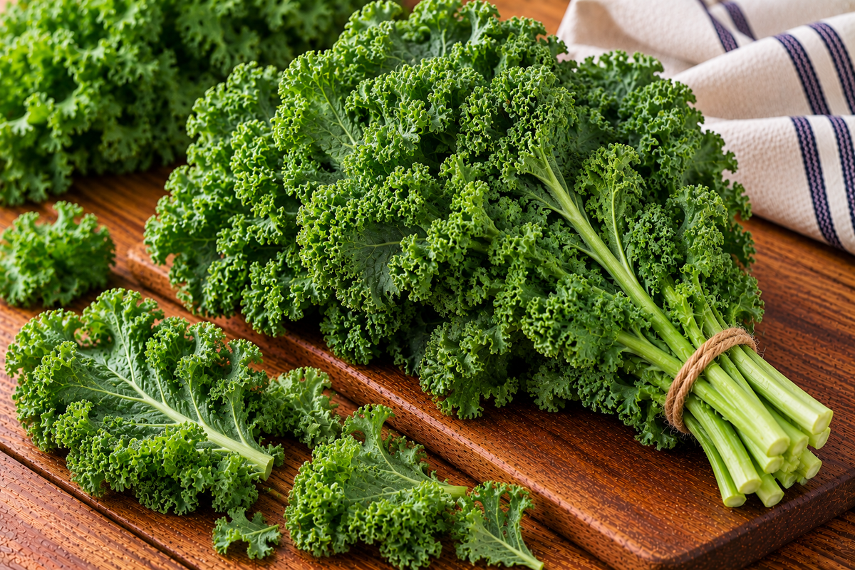 Curly kale leaves with ruffled, deep green edges