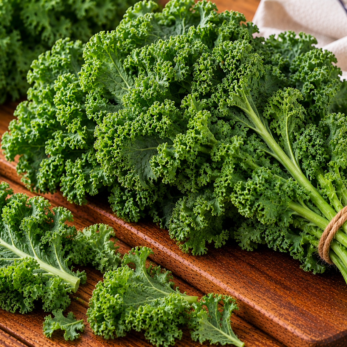 Curly kale leaves with ruffled, deep green edges