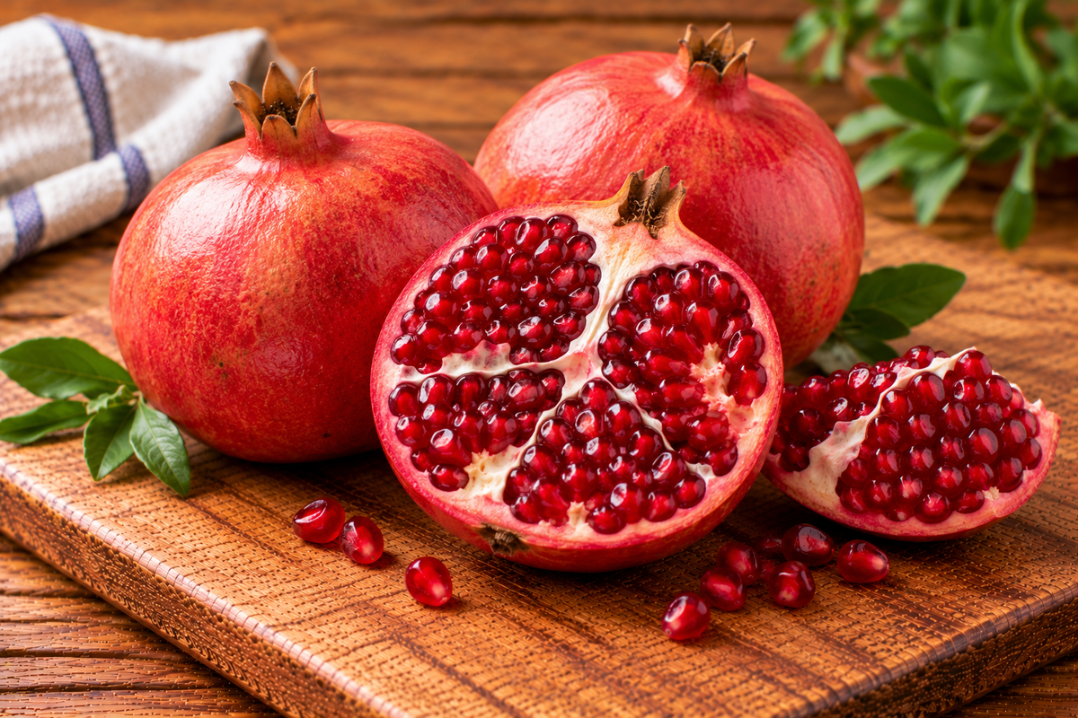 Pomegranate fruit with red skin and jewel-like arils