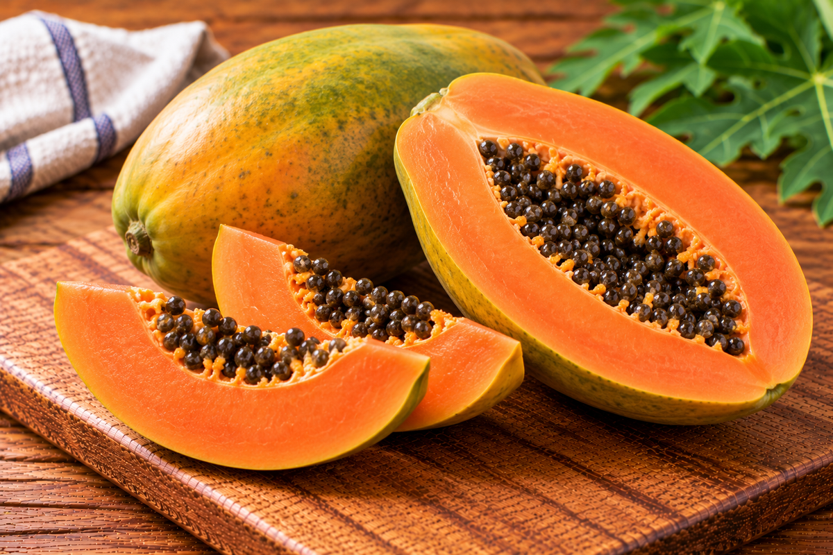 Papaya fruit with green-yellow skin and orange flesh