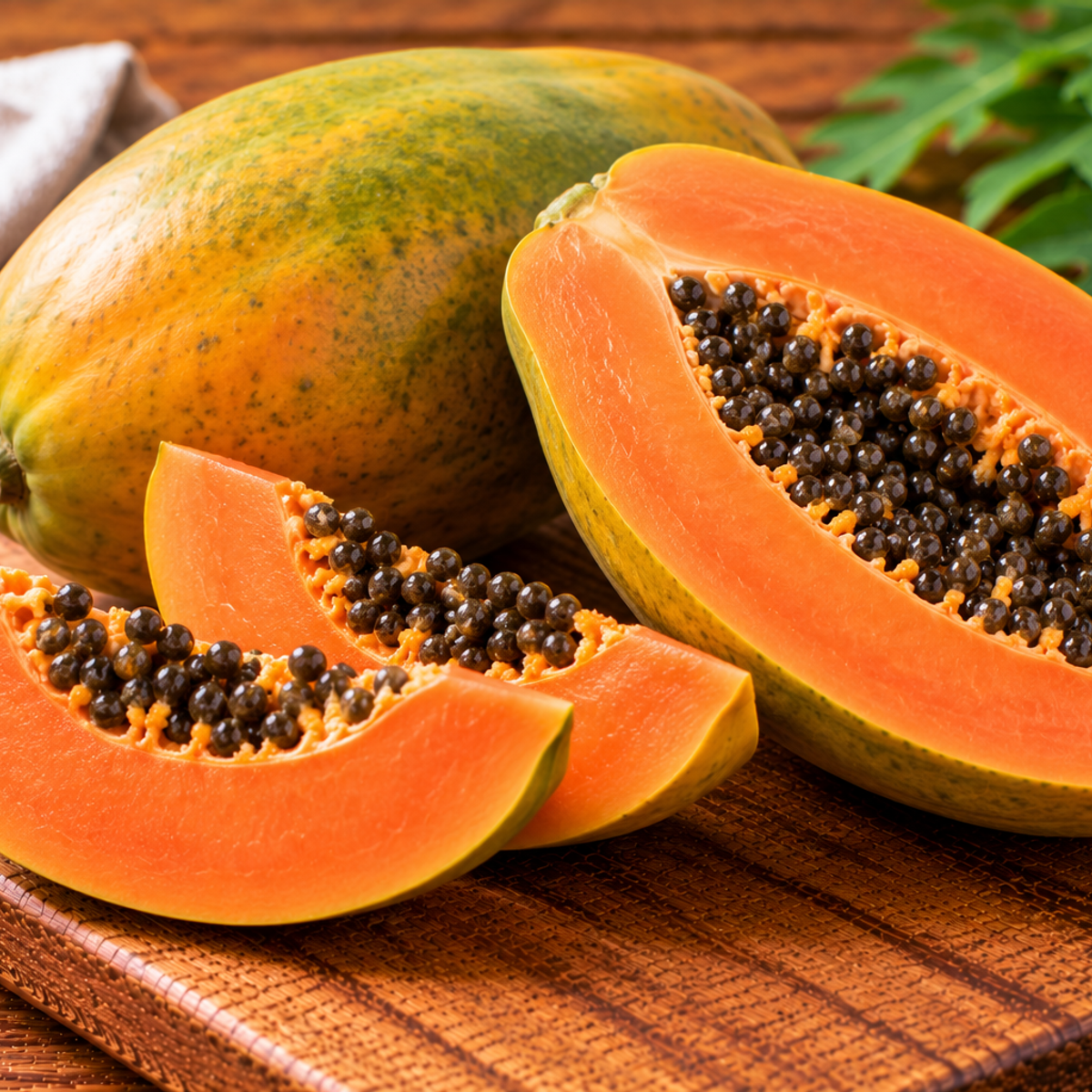 Papaya fruit with green-yellow skin and orange flesh