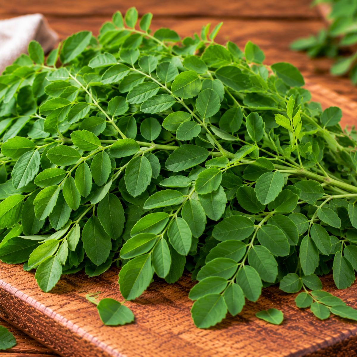 Small oval moringa leaflets arranged along slender stems