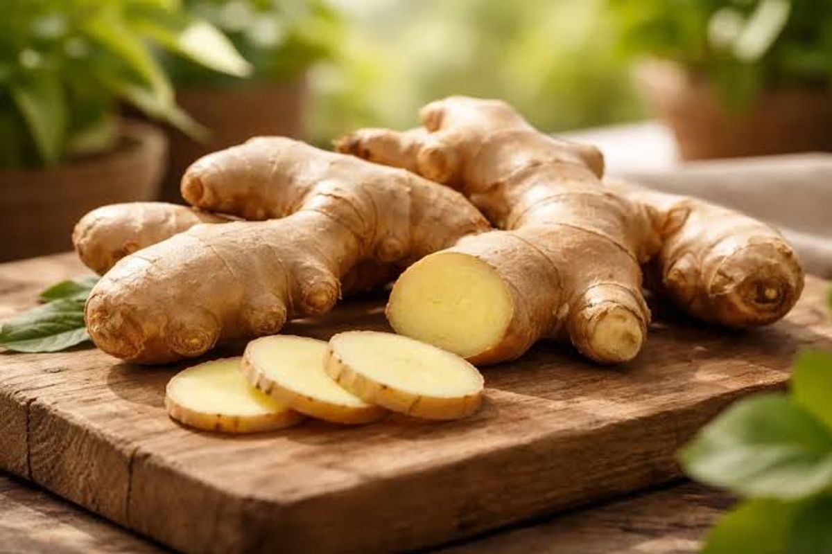 Ginger rhizome with knobbly tan skin and pale yellow flesh