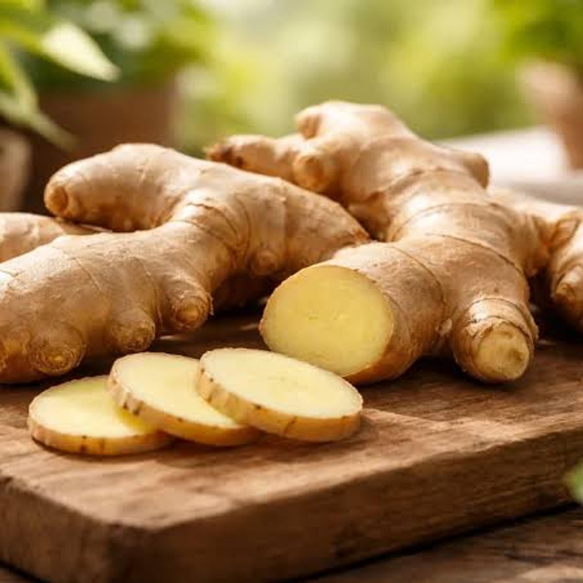 Ginger rhizome with knobbly tan skin and pale yellow flesh