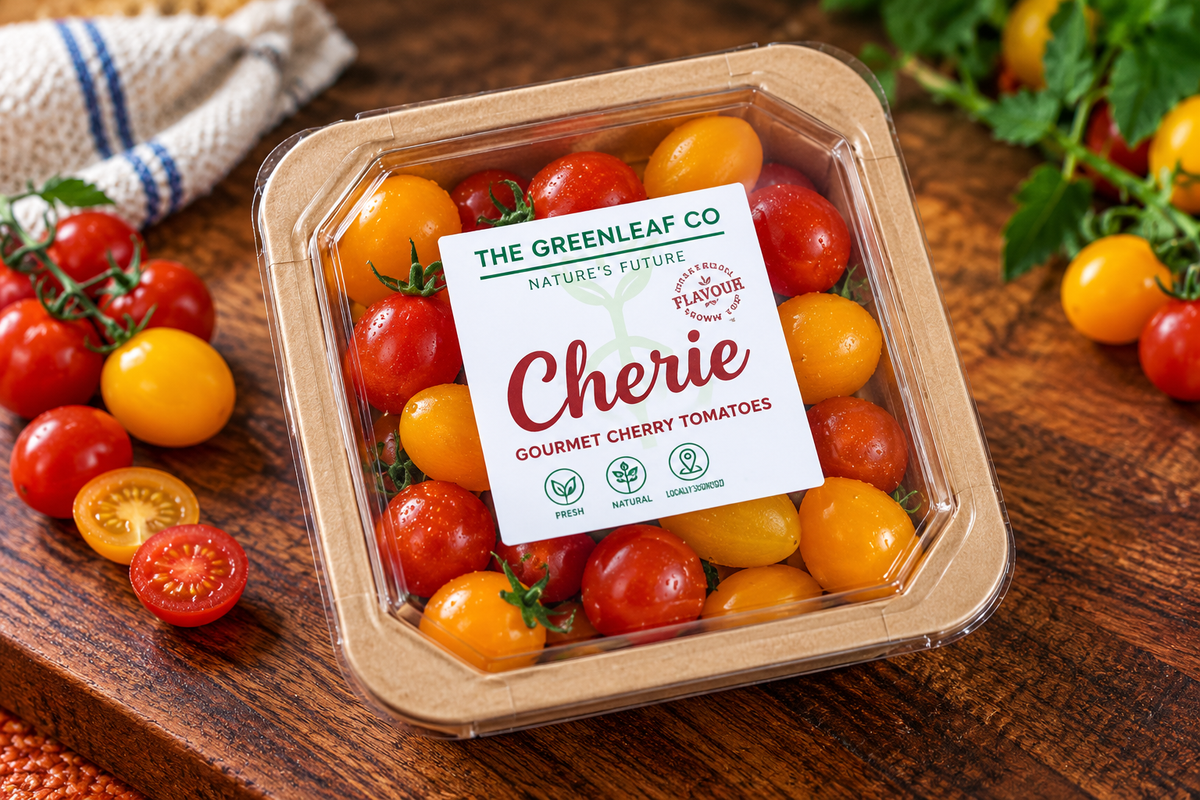 Fresh red and orange berry tomatoes with green stems arranged in a rustic wooden bowl.
