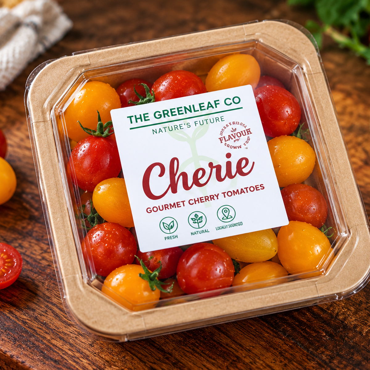 Fresh red and orange berry tomatoes with green stems arranged in a rustic wooden bowl.