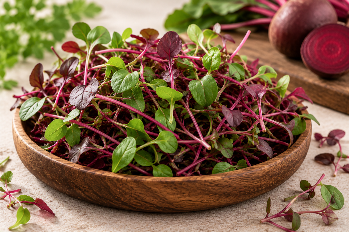 Fresh beetroot microgreens with vibrant green and burgundy leaves and magenta stems arranged in a wooden bowl.