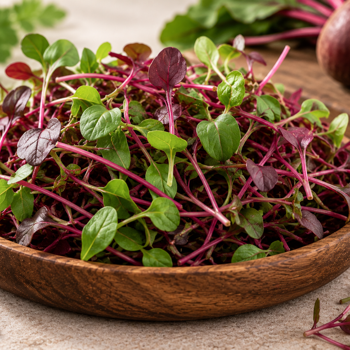 Fresh beetroot microgreens with vibrant green and burgundy leaves and magenta stems arranged in a wooden bowl.