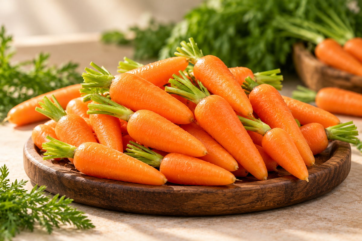 Fresh orange baby carrots with green tops arranged on a rustic wooden platter.