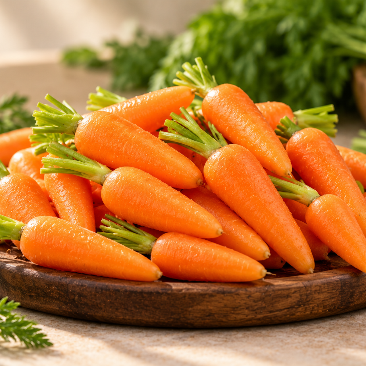 Fresh orange baby carrots with green tops arranged on a rustic wooden platter.