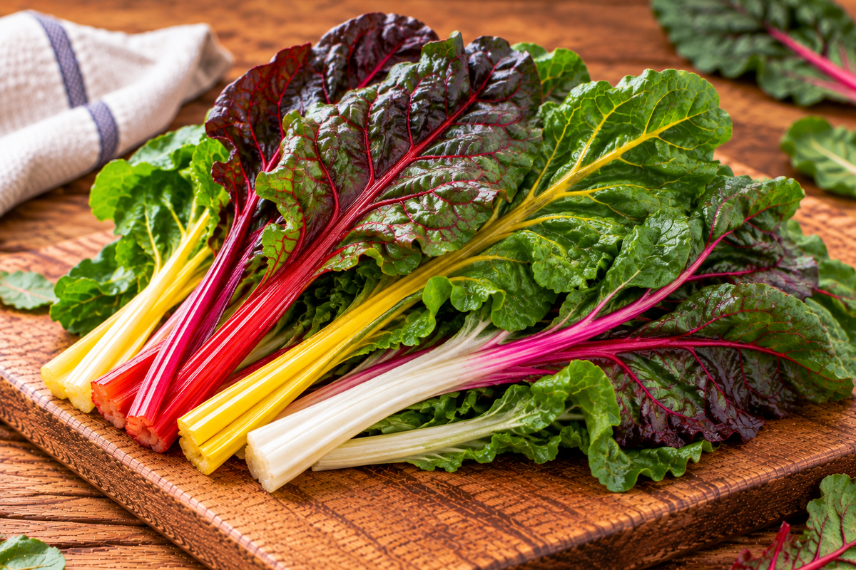 Swiss chard with broad green leaves and colourful stalks
