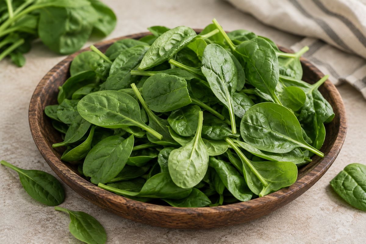 Fresh green baby spinach leaves with natural veins arranged in a rustic wooden bowl.