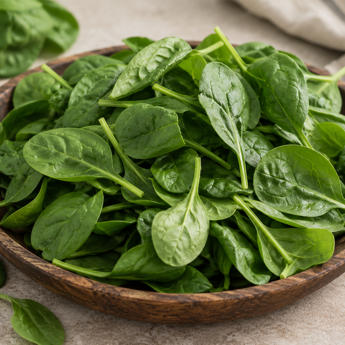 Fresh green baby spinach leaves with natural veins arranged in a rustic wooden bowl.